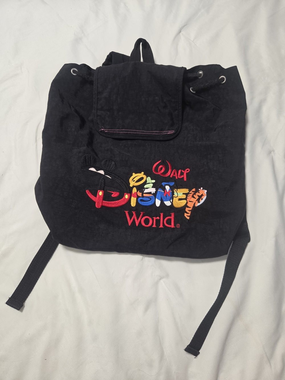 Disney Black Nylon Logo Drawstring Backpack with Multicolor Embroidery